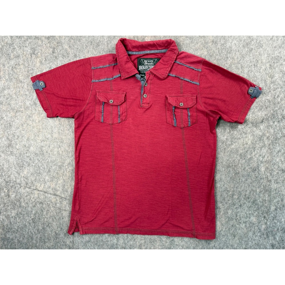 Broken Threads Men Medium Burgundy Red Slub Knit Utility Polo Short Sleeve Shirt